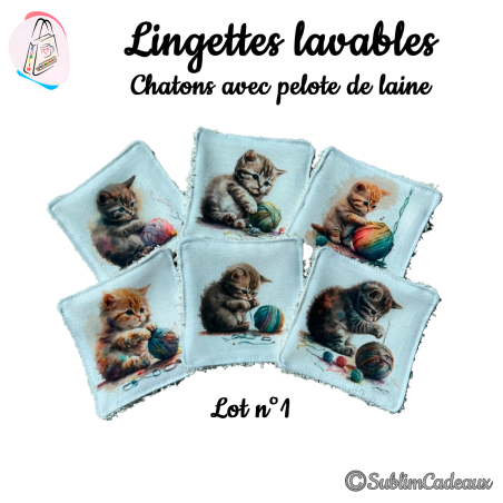 Panier et/ou lingettes lavables : Chatons avec pelote de laine