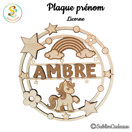 Plaque Prénom Enfant Licorne – Décoration Murale Personnalisée en Bois