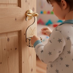 Enfant déposant une dent de lait dans la boîte suspendue Petite Souris accrochée à une porte