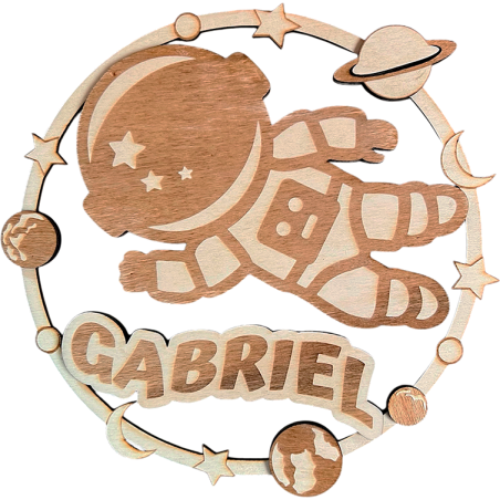 Plaque prénom astronaute personnalisée en bois – motif astronaute et planètes