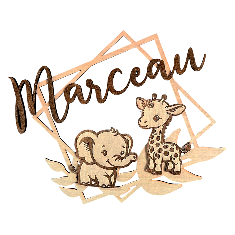 laque prénom personnalisée savane en bois avec éléphant et girafe – modèle Marceau