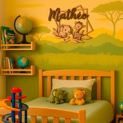 Plaque prénom personnalisée en bois savane avec éléphant et girafe, déco murale pour chambre d’enfant thème jungle