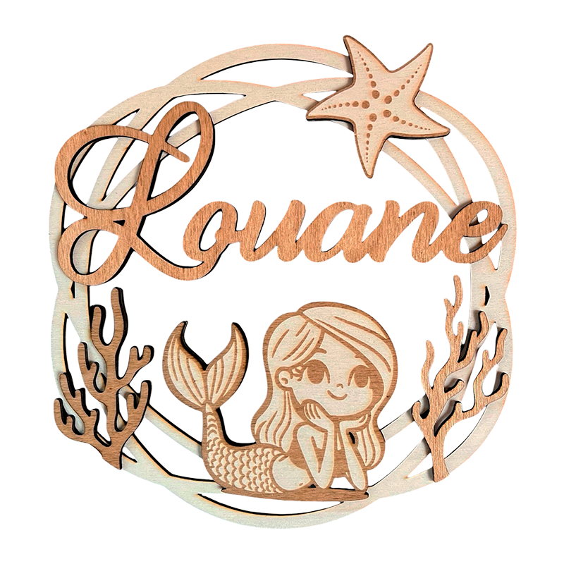 Plaque prénom personnalisée sirène en bois, décoration murale enfant