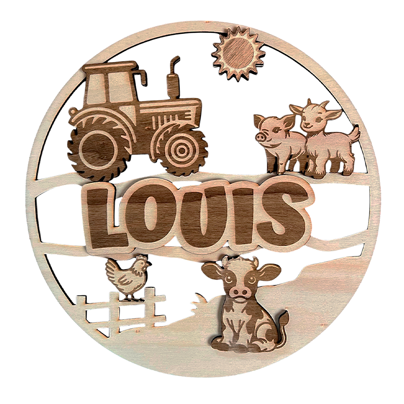 Plaque prénom personnalisée en bois avec tracteur et animaux de la ferme