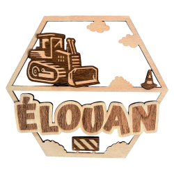 Plaque prénom personnalisée en bois avec bulldozer, décoration murale chambre enfant chantier