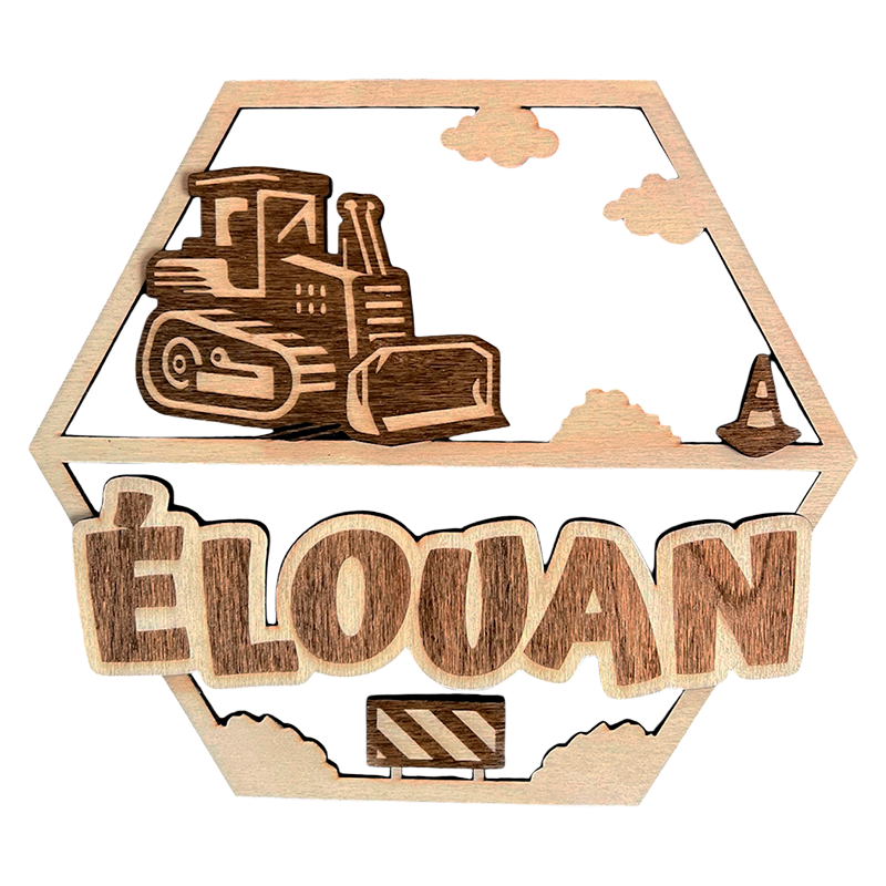 Plaque prénom personnalisée en bois avec bulldozer, décoration murale chambre enfant chantier