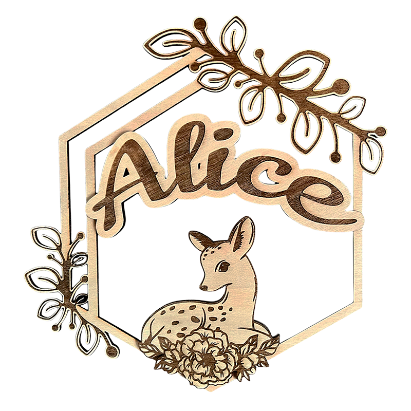 Plaque prénom personnalisée en bois avec biche et fleurs, décoration murale bohème enfant