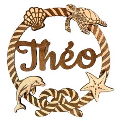 Plaque prénom personnalisée en bois avec dauphin, tortue, étoile de mer et coquillage