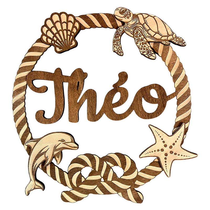 Plaque prénom personnalisée en bois avec dauphin, tortue, étoile de mer et coquillage