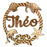 Plaque prénom personnalisée en bois avec dauphin, tortue, étoile de mer et coquillage