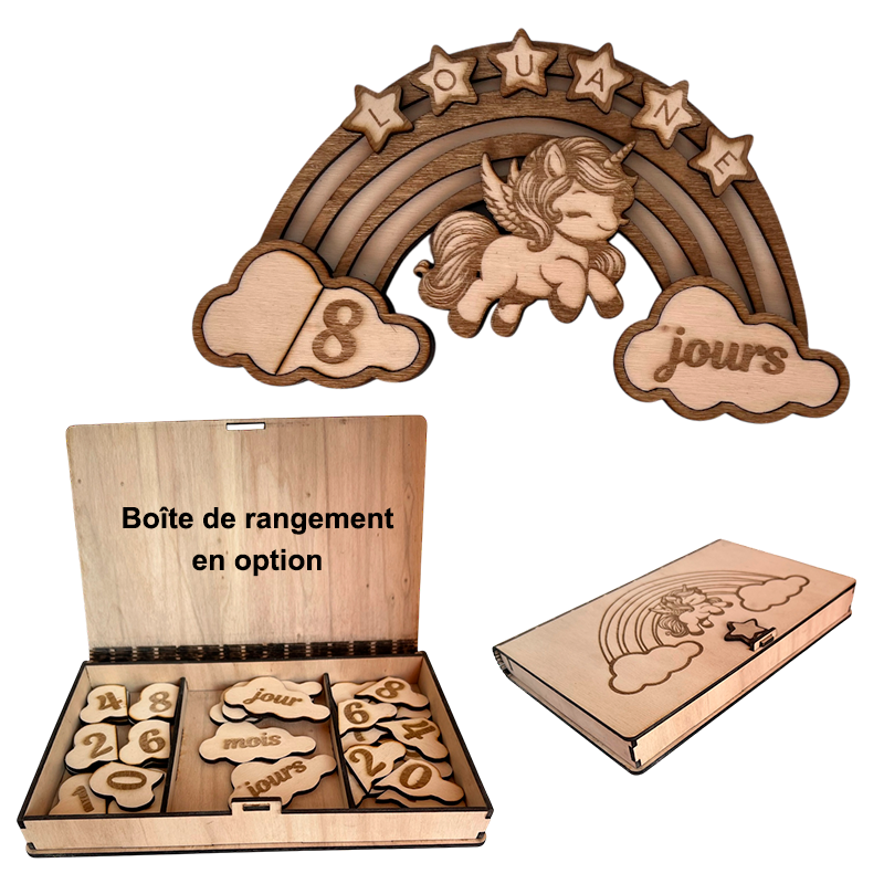 Pancarte en bois arc-en-ciel licorne personnalisée avec prénom et plaquettes interchangeables.