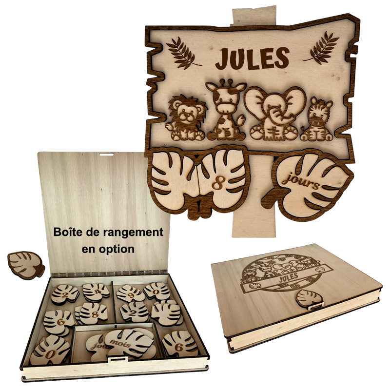 Pancarte évolutive safari personnalisée avec prénom Jules et animaux de la savane gravés au laser