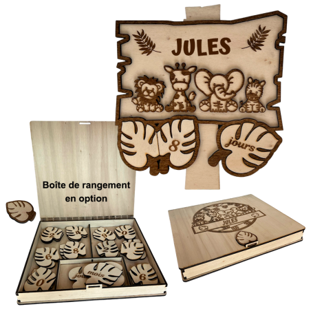 Pancarte évolutive safari personnalisée avec prénom Jules et animaux de la savane gravés au laser Pancarte évolutive safari personnalisée avec prénom Jules et animaux de la savane gravés au laser