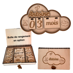 Pancarte nuage évolutive personnalisée avec prénom Antoine et plaquettes de chiffres et temps