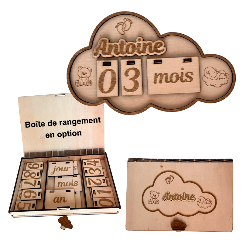 Pancarte nuage évolutive personnalisée avec prénom Antoine et plaquettes de chiffres et temps