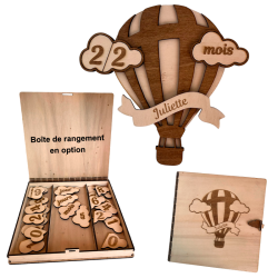 Pancarte montgolfière en bois personnalisée avec prénom Juliette et plaquettes chiffres mois