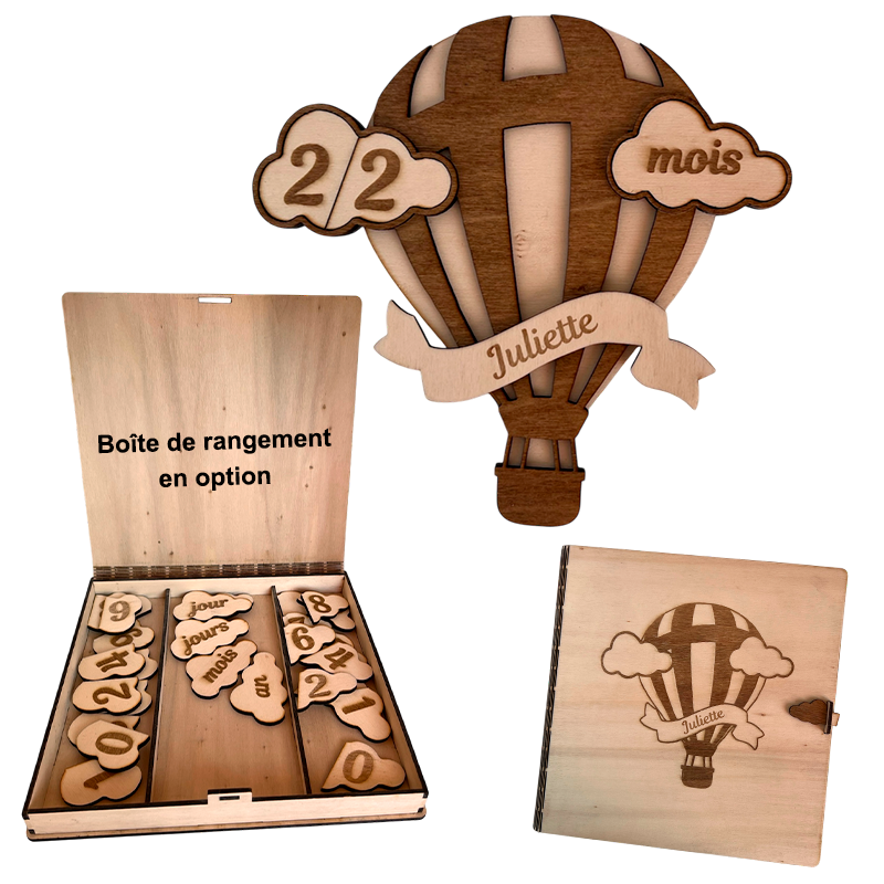 Pancarte montgolfière en bois personnalisée avec prénom Juliette et plaquettes chiffres mois