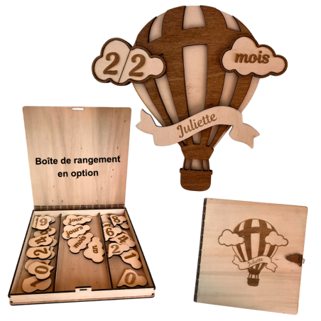 Pancarte montgolfière en bois personnalisée avec prénom Juliette et plaquettes chiffres mois Pancarte montgolfière en bois personnalisée avec prénom Juliette et plaquettes chiffres mois