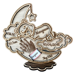 Décoration de naissance personnalisée ourson sur la lune avec prénom, date, heure, poids, taille et bracelet – modèle Margaux