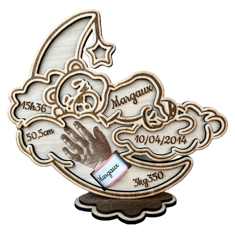 Décoration de naissance personnalisée ourson sur la lune avec prénom, date, heure, poids, taille et bracelet – modèle Margaux