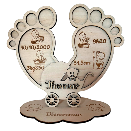 Décoration en bois personnalisée pieds de bébé avec landau et informations de naissance - SublimCadeaux Décoration en bois personnalisée pieds de bébé avec landau et informations de naissance - SublimCadeaux