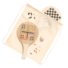 Raquette de plage en bois avec jeu de ludo intégré et accessoires, présentée avec sac en coton
