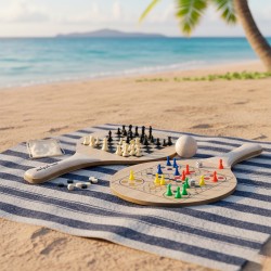 Raquettes de plage multifonctions en bois avec jeux échecs et ludo, accessoires et balle, utilisées sur la plage