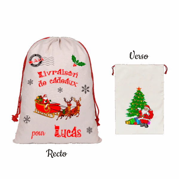 Hotte de Noël en toile beige à cordon rouge, imprimée du Père Noël en traîneau et de rennes, sapin décoré au verso