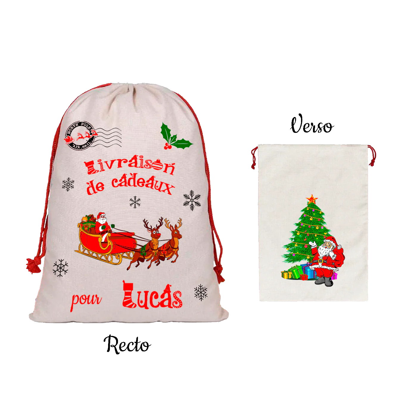 Hotte de Noël en toile beige à cordon rouge, imprimée du Père Noël en traîneau et de rennes, sapin décoré au verso