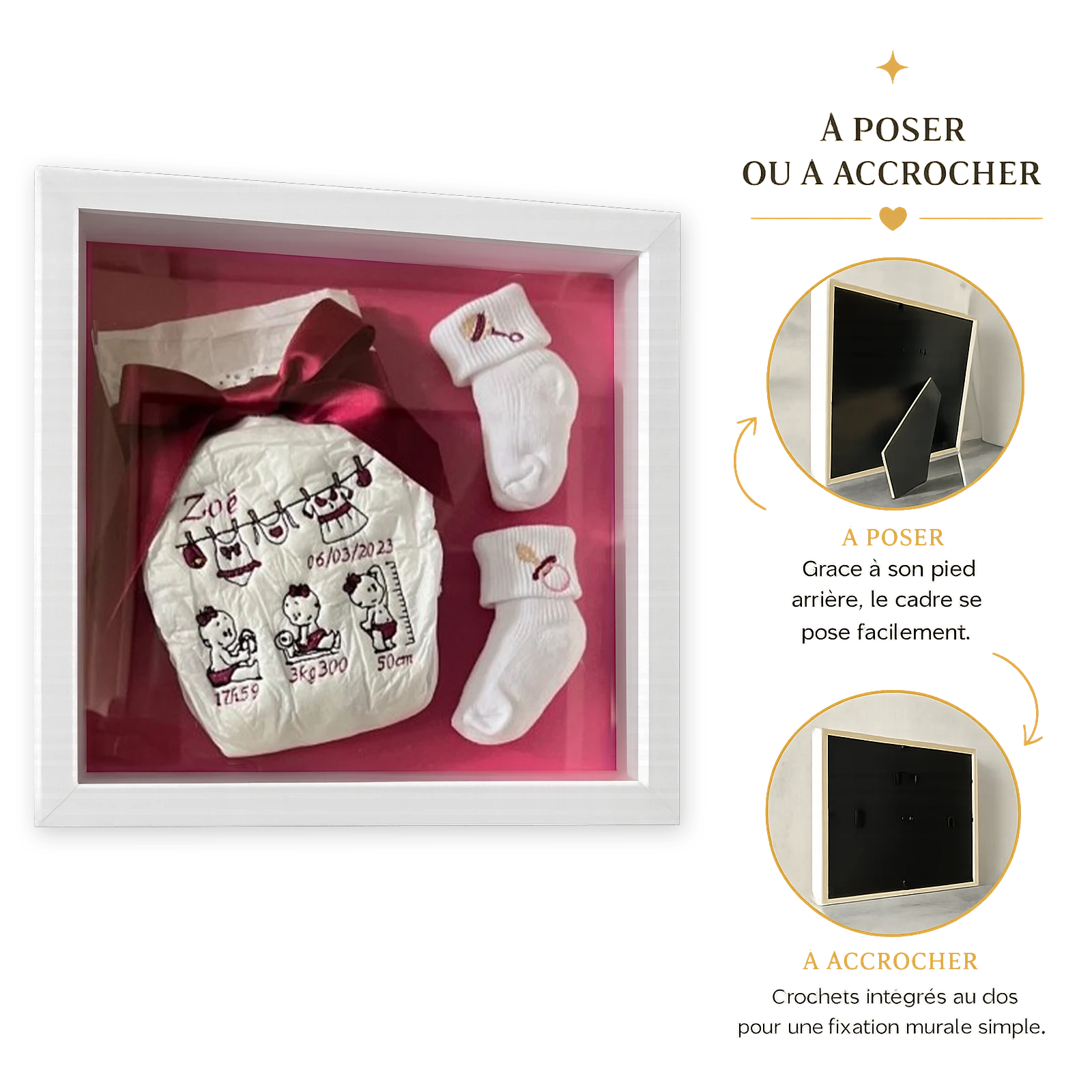 Cadre naissance fille, couche brodée au prénom Zoé avec date et mesures, noeud bordeaux et chaussons blancs sur fond rose