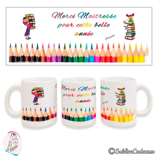 Mug imprimé d'une rangée de crayons de couleur et du texte multicolore « Merci Maîtresse pour cette belle année »