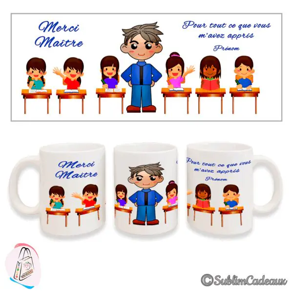 Mug blanc en céramique imprimé d'un maître entouré d'élèves à leurs pupitres et du texte bleu « Merci Maître »