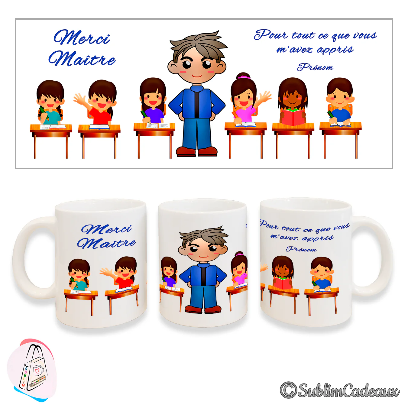 Mug blanc en céramique imprimé d'un maître entouré d'élèves à leurs pupitres et du texte bleu « Merci Maître »
