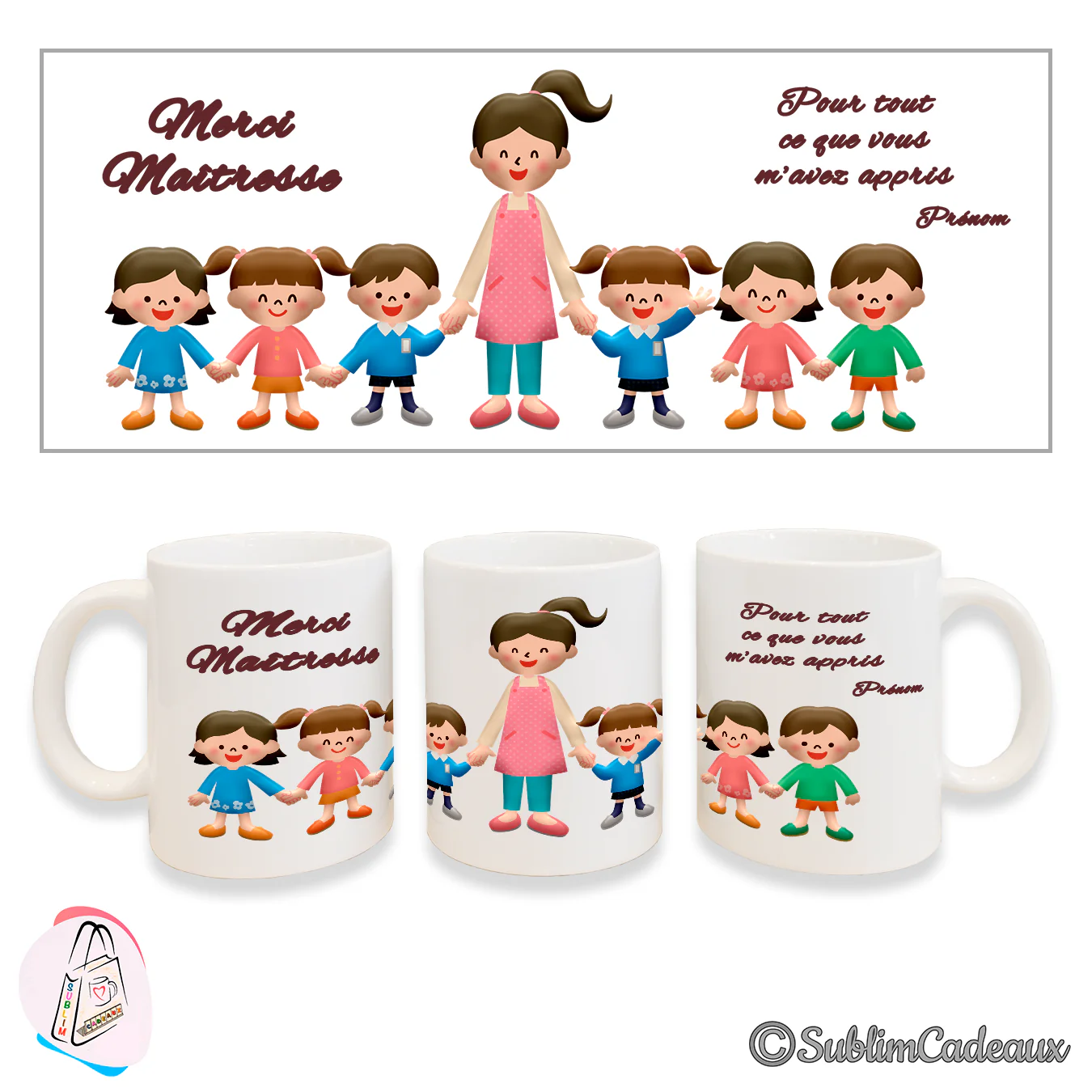 Mug blanc imprimé d'une maîtresse en tablier rose entourée d'une farandole d'enfants et du texte « Merci Maîtresse »