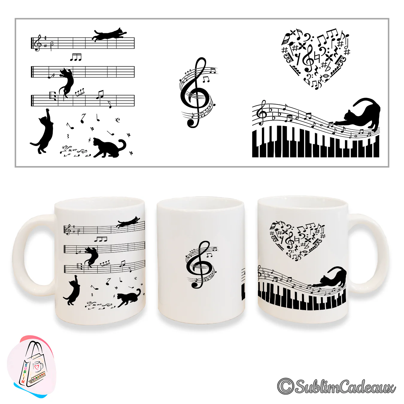 Mug en céramique blanc imprimé en noir de chats jouant parmi des notes de musique, une clé de sol et un clavier de piano