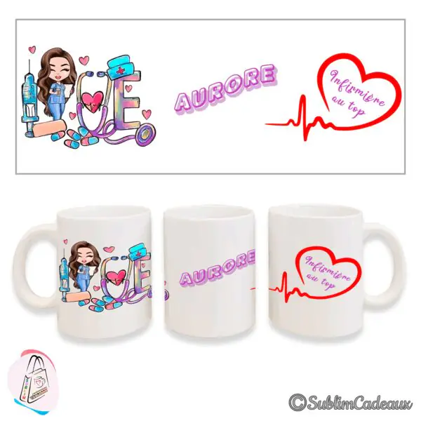 Mug blanc en céramique imprimé d'un décor d'infirmière en « LOVE » (seringue, stéthoscope, pilules) et du prénom Aurore