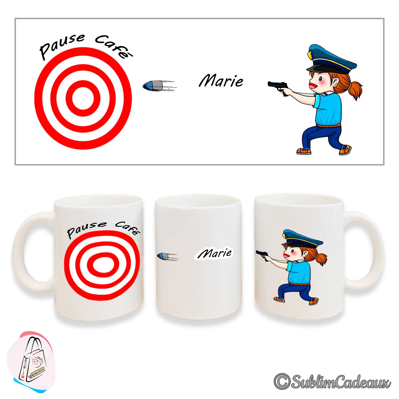 Mug blanc en céramique imprimé d'une policière visant une cible rouge « Pause Café » et du prénom Marie