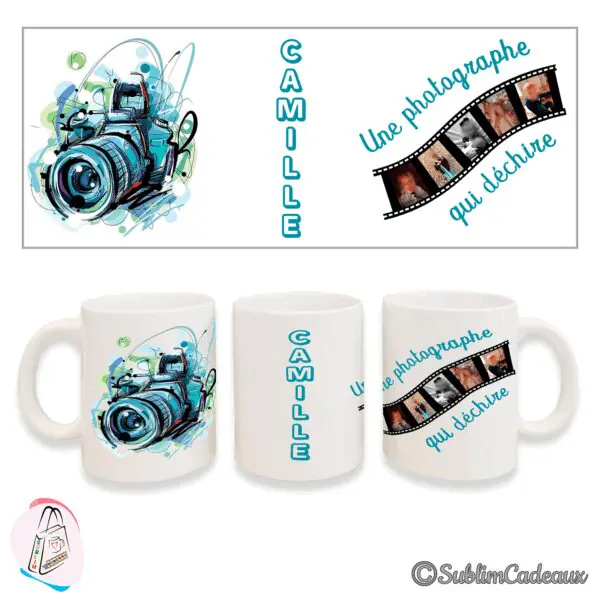 Mug blanc en céramique imprimé d'un appareil photo façon aquarelle bleu et turquoise, d'une pellicule et du prénom Camille