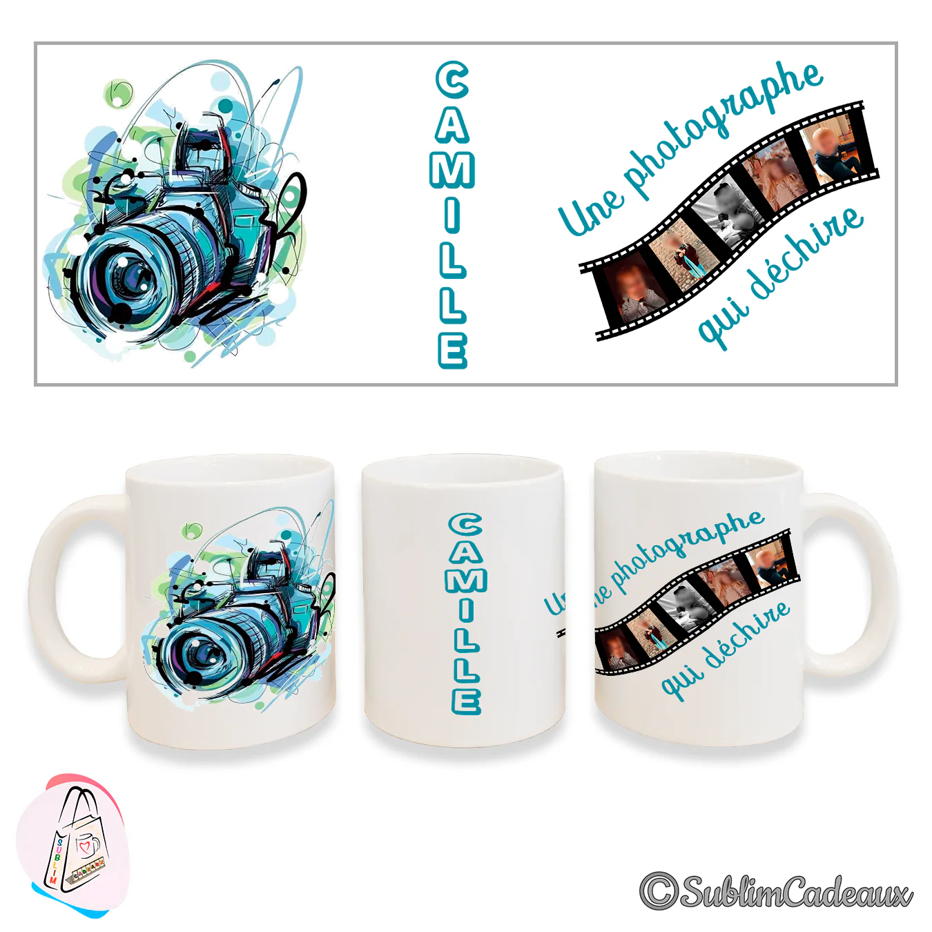 Mug blanc en céramique imprimé d'un appareil photo façon aquarelle bleu et turquoise, d'une pellicule et du prénom Camille