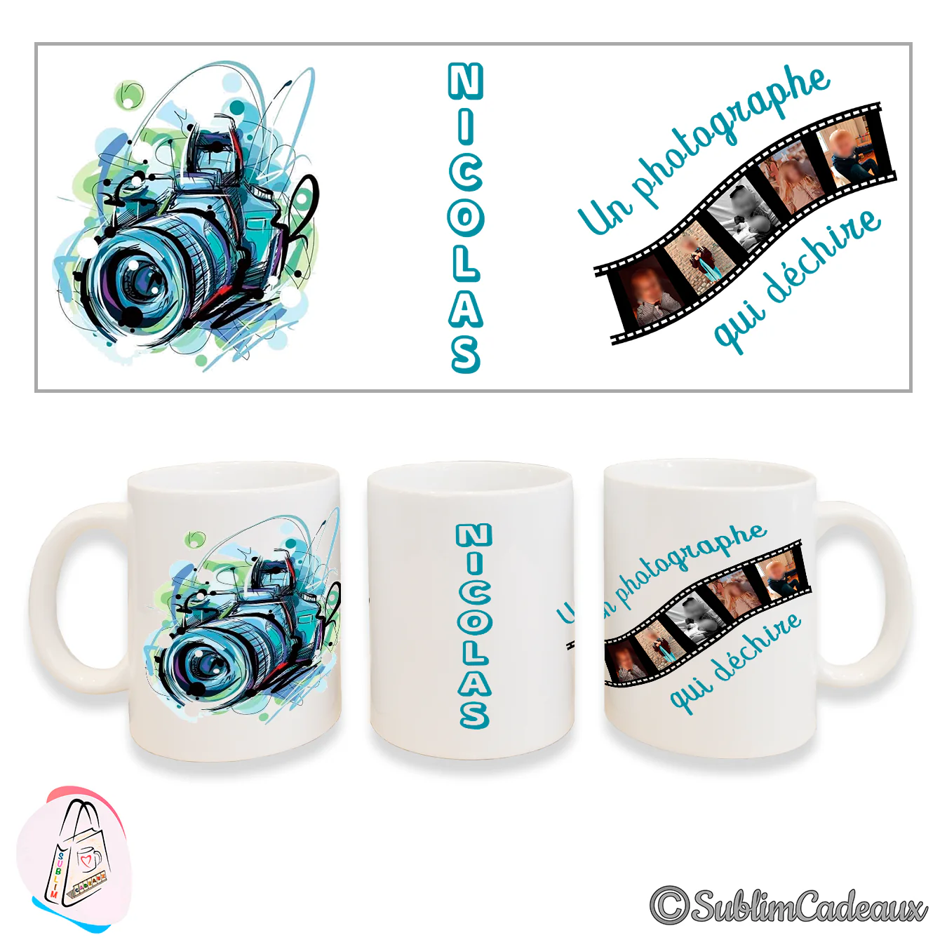 Mug blanc illustré d'un appareil photo peint en bleu et turquoise, pellicule de clichés et « Un photographe qui déchire »