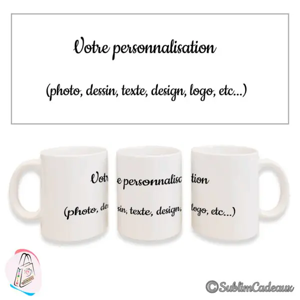 Mug blanc en céramique uni, présenté vierge avec un texte d'exemple mentionnant photo, dessin, texte ou logo