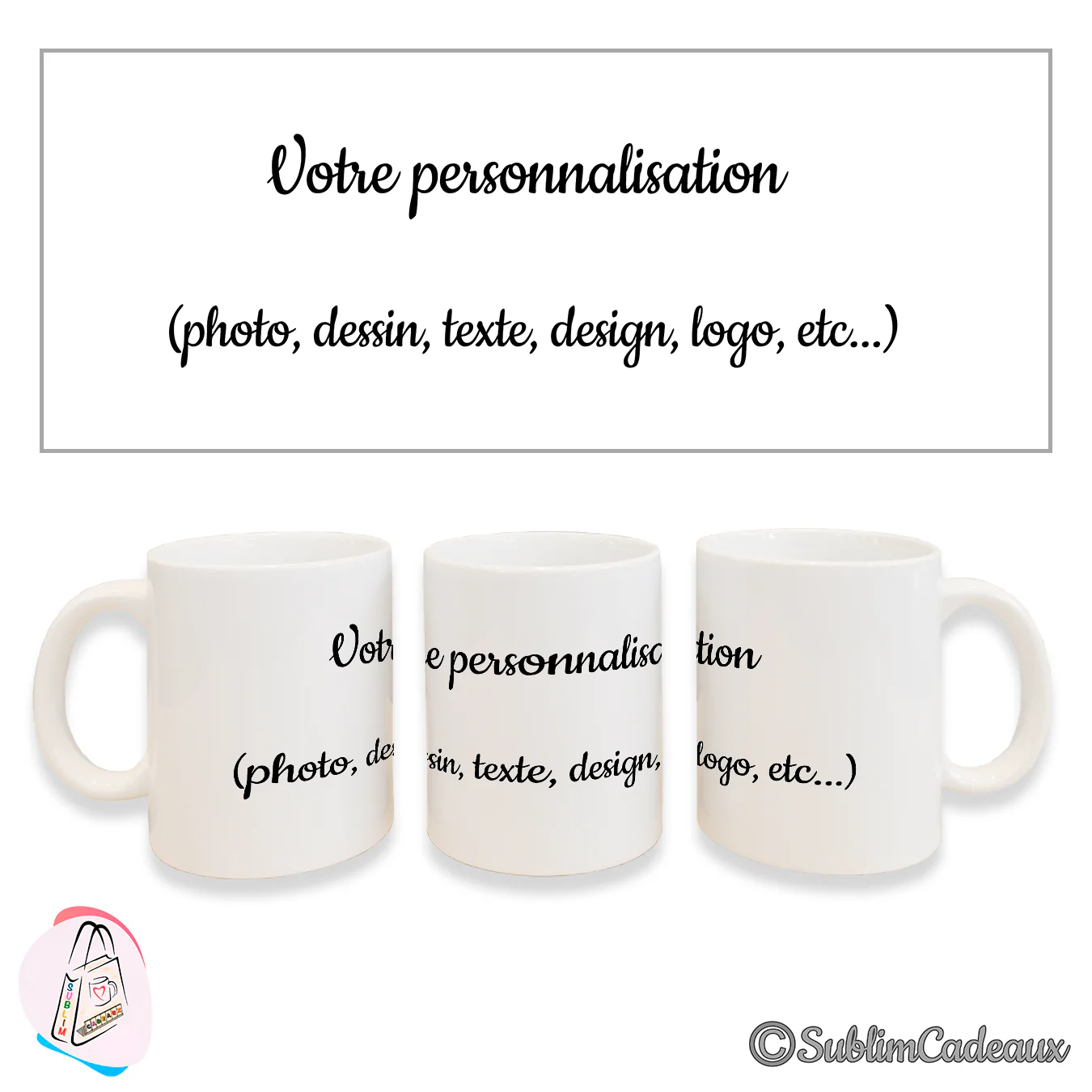 Mug blanc en céramique uni, présenté vierge avec un texte d'exemple mentionnant photo, dessin, texte ou logo