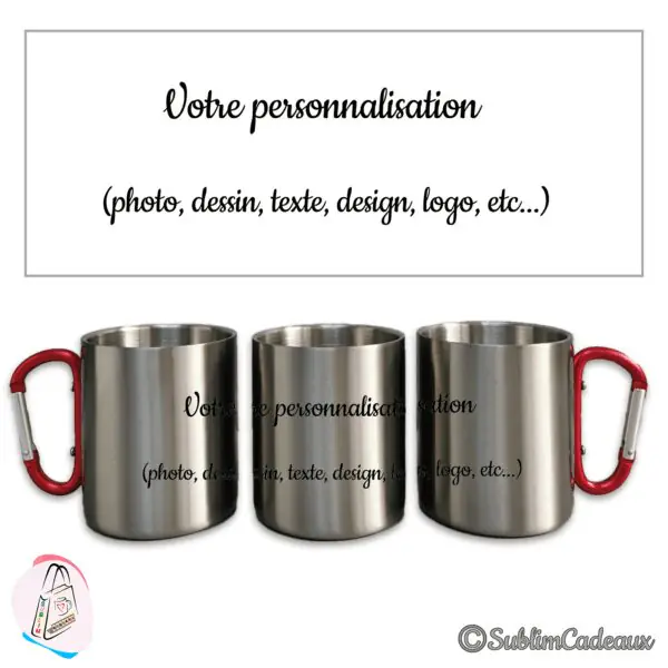 Mug en acier inoxydable à poignée mousqueton rouge, présenté sous trois angles, finition métallique brossée