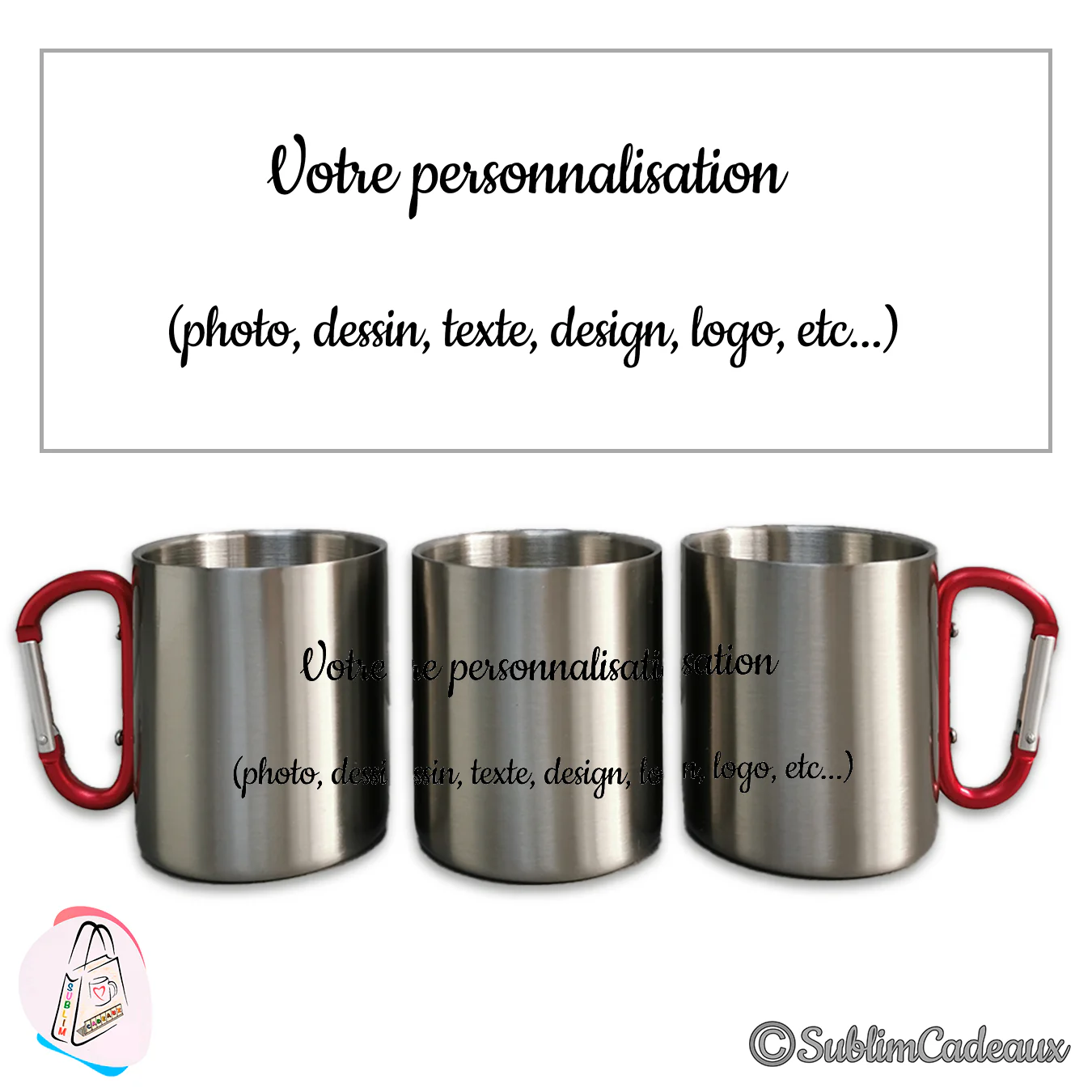 Mug en acier inoxydable à poignée mousqueton rouge, présenté sous trois angles, finition métallique brossée