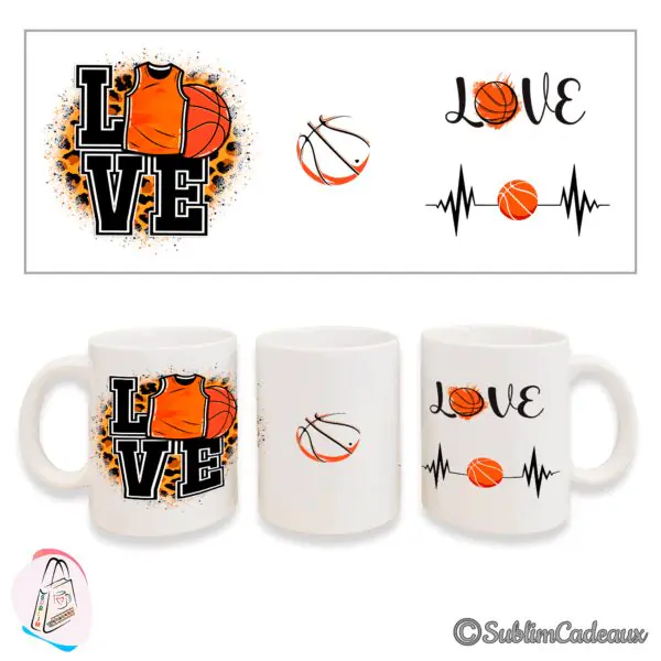 Mug en céramique blanc imprimé du mot LOVE avec ballon de basket, maillot orange et tracé cardiaque à ballon