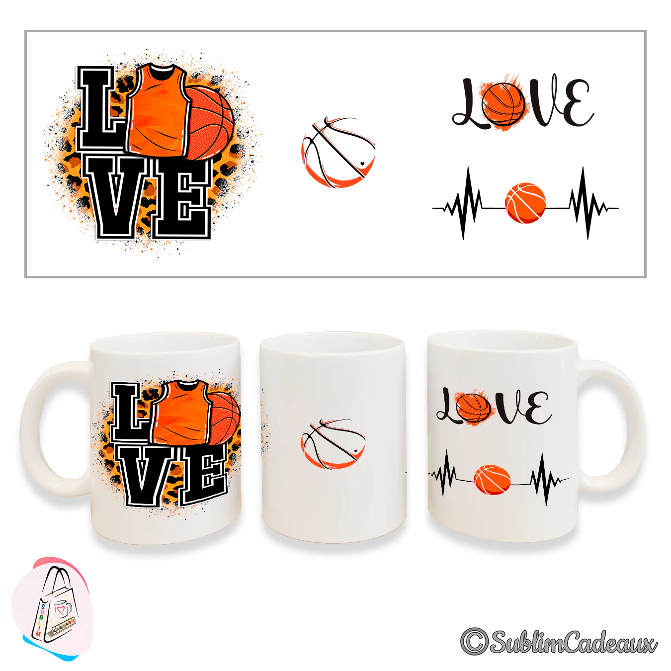 Mug en céramique blanc imprimé du mot LOVE avec ballon de basket, maillot orange et tracé cardiaque à ballon