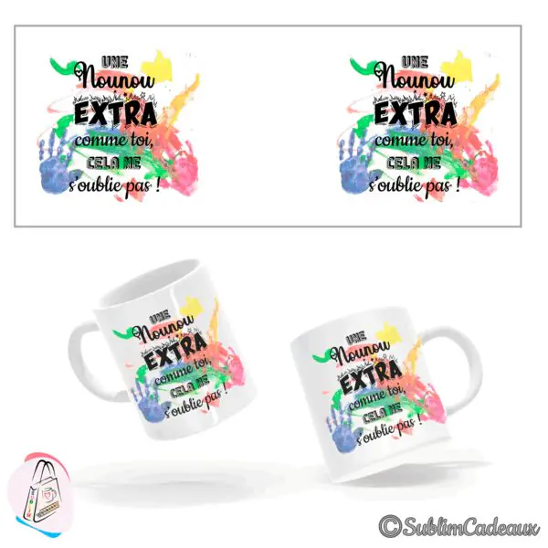 Mug en céramique blanche imprimé « Une Nounou EXTRA comme toi » sur éclaboussures colorées avec empreinte de main bleue