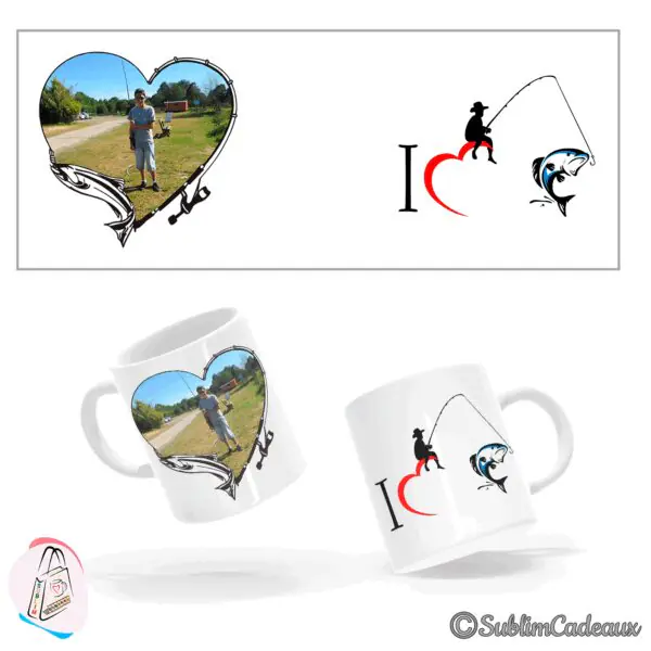 Mug blanc en céramique imprimé d'une photo de pêcheur en cadre cœur et d'une silhouette de pêcheur avec un poisson bleu