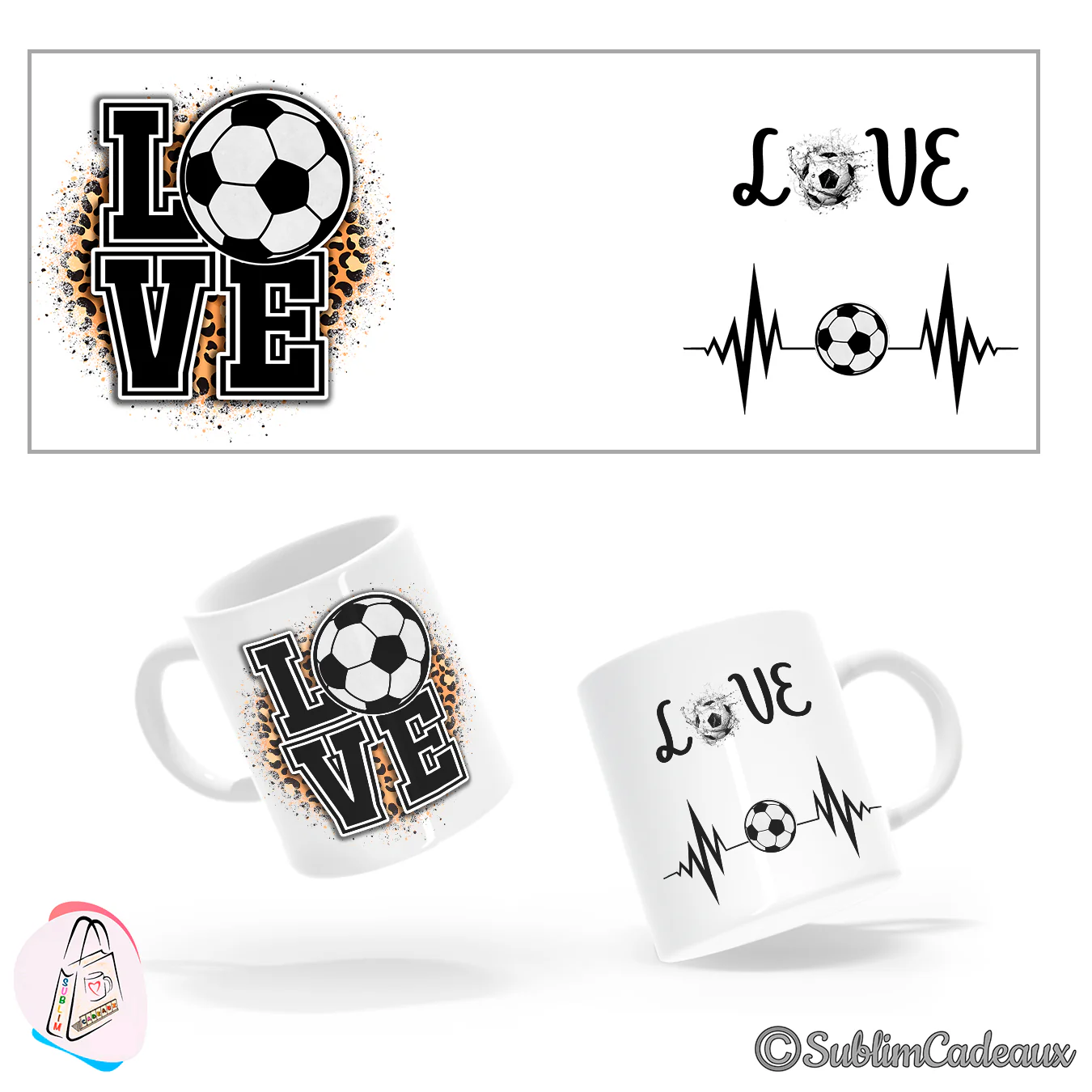 Mug en céramique blanc imprimé du mot LOVE avec ballon de football, motif léopard et tracé cardiaque à ballon