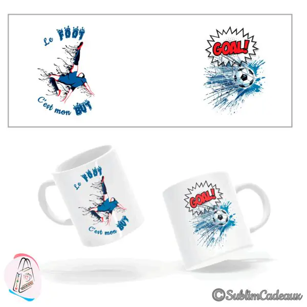 Mug en céramique blanche imprimé d'un footballeur en bicyclette et d'un ballon avec « GOAL! », tons bleu et rouge